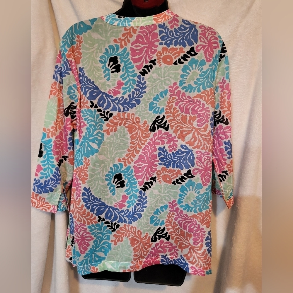 Talbots Petites Pink Blue Floral Print Top Cotton Breezy Popover Tunic Size LP - Picture 3 of 5